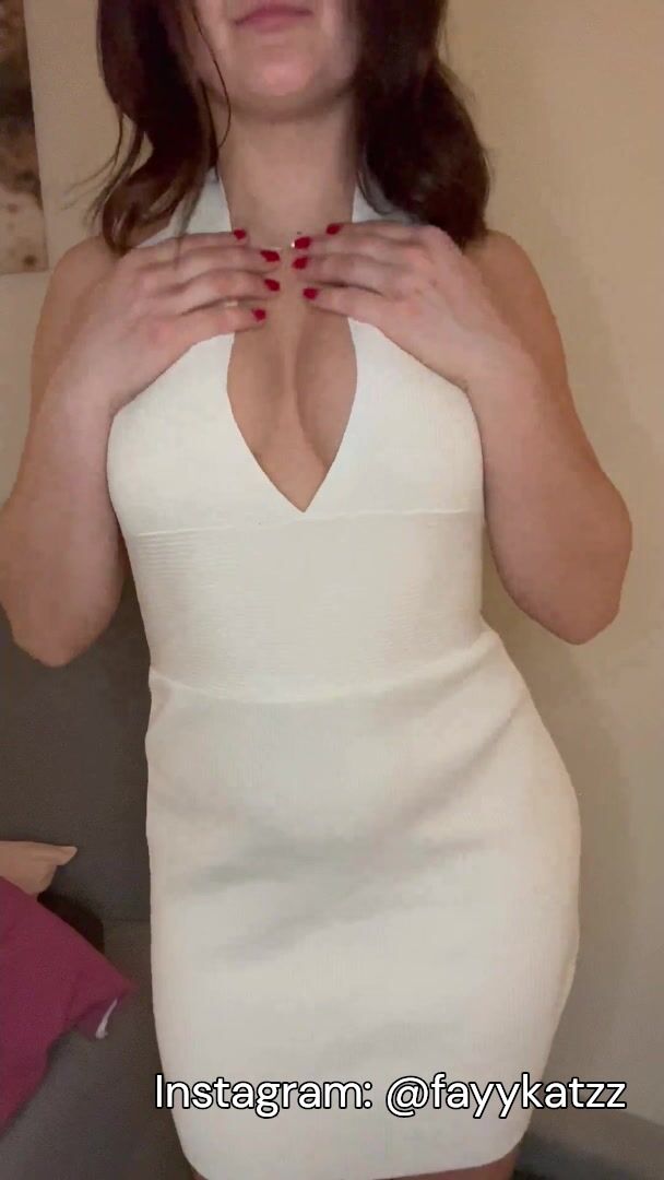 Horny MILF in White Long Dress Flashing Her Boobs