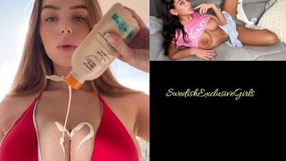 Norwegian Babe TheBellebunny putting alot of suncream on her big boobs &  bouncing