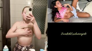 Swedish hot Babe Wallstrom showing her big tits in bathroom