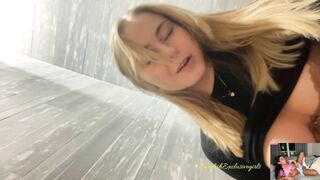 Swedish Hot Babe Wallerstrom playing with her hairy tight pussy in public bathroom