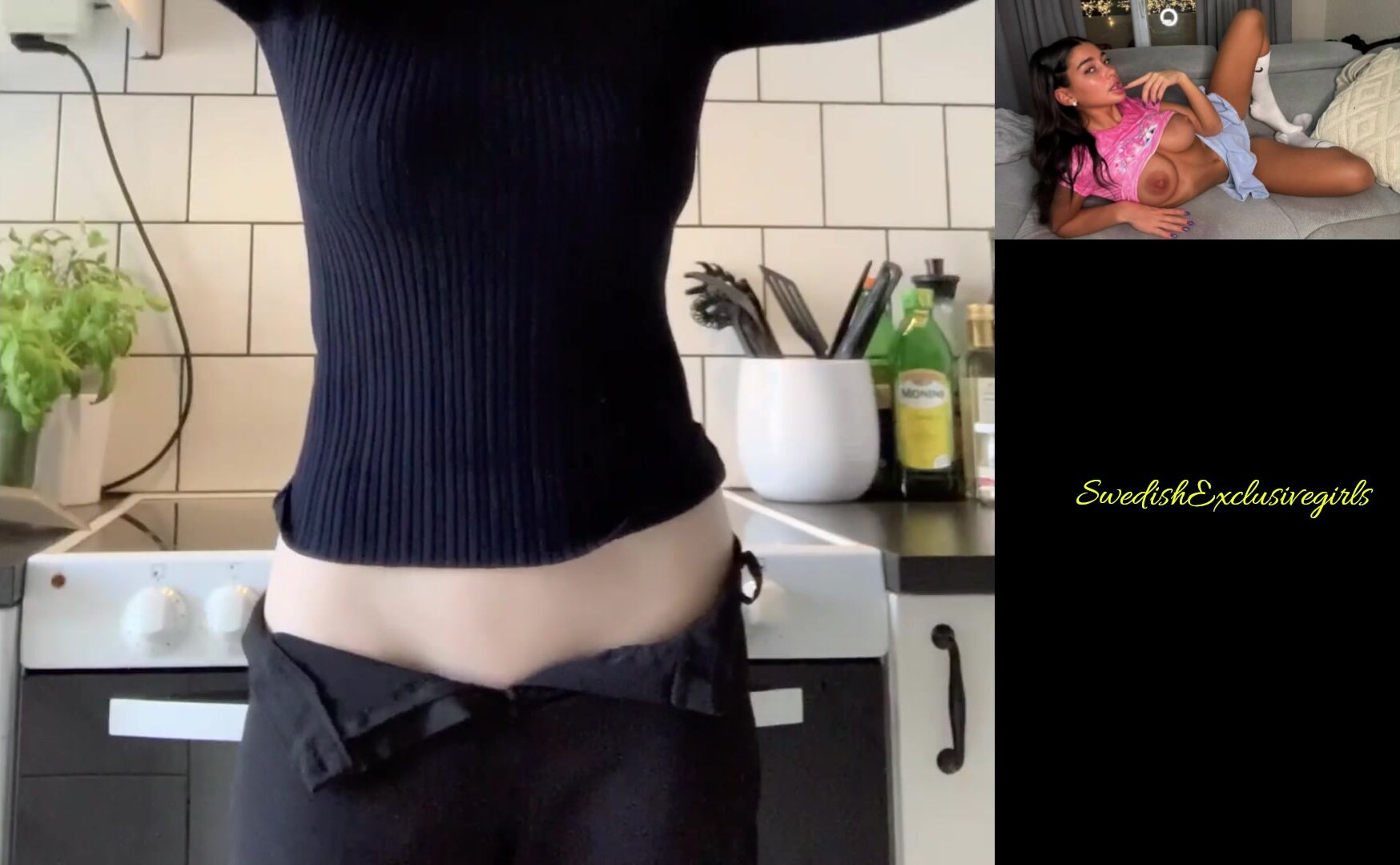 Swedish Babe Matilda flash her big tits in kitchen