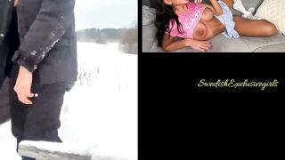 Swedish Cam Girl Stripping outside in the winter & shows her big ass & tight pussy