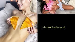 Swedish Babe Lippsy laying naked in bed covered with Pizza