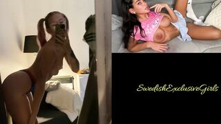 Swedish tattooed  Ida Gustafsson sucks on a lollipop in mirror + Nerdy look