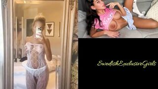 Swedish Babe Alma is showing off her great  large breasts in a mirror