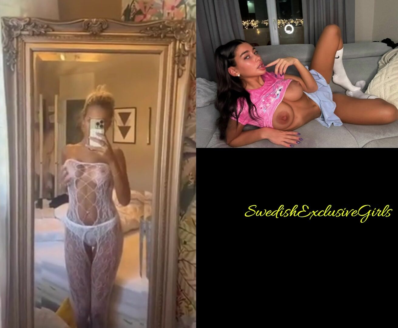 Swedish Babe Alma is showing off her great  large breasts in a mirror