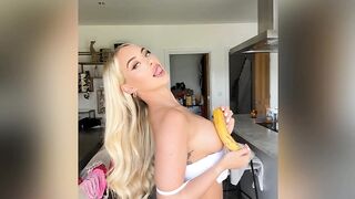 Rhiannon Blue - Busty British Blonde Strips Naked And Sucks Banana