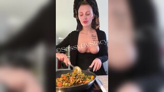 Danish Babe SassaStacy Cooking Food While Her Sexy Big Tits Hanging Out