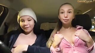 Swedish Babe Nathalie Isberg Flashing Tits in car with Friend