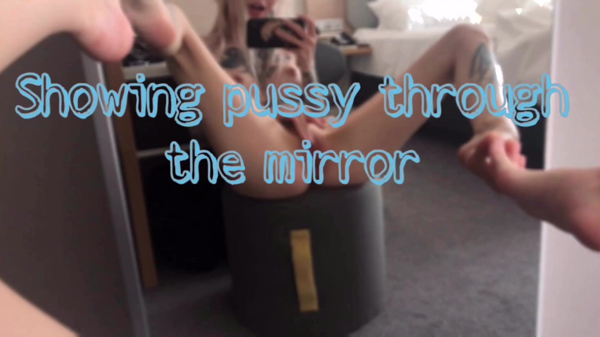 German Babe with Tattoos Flashing Pussy in Mirror and Masturbating